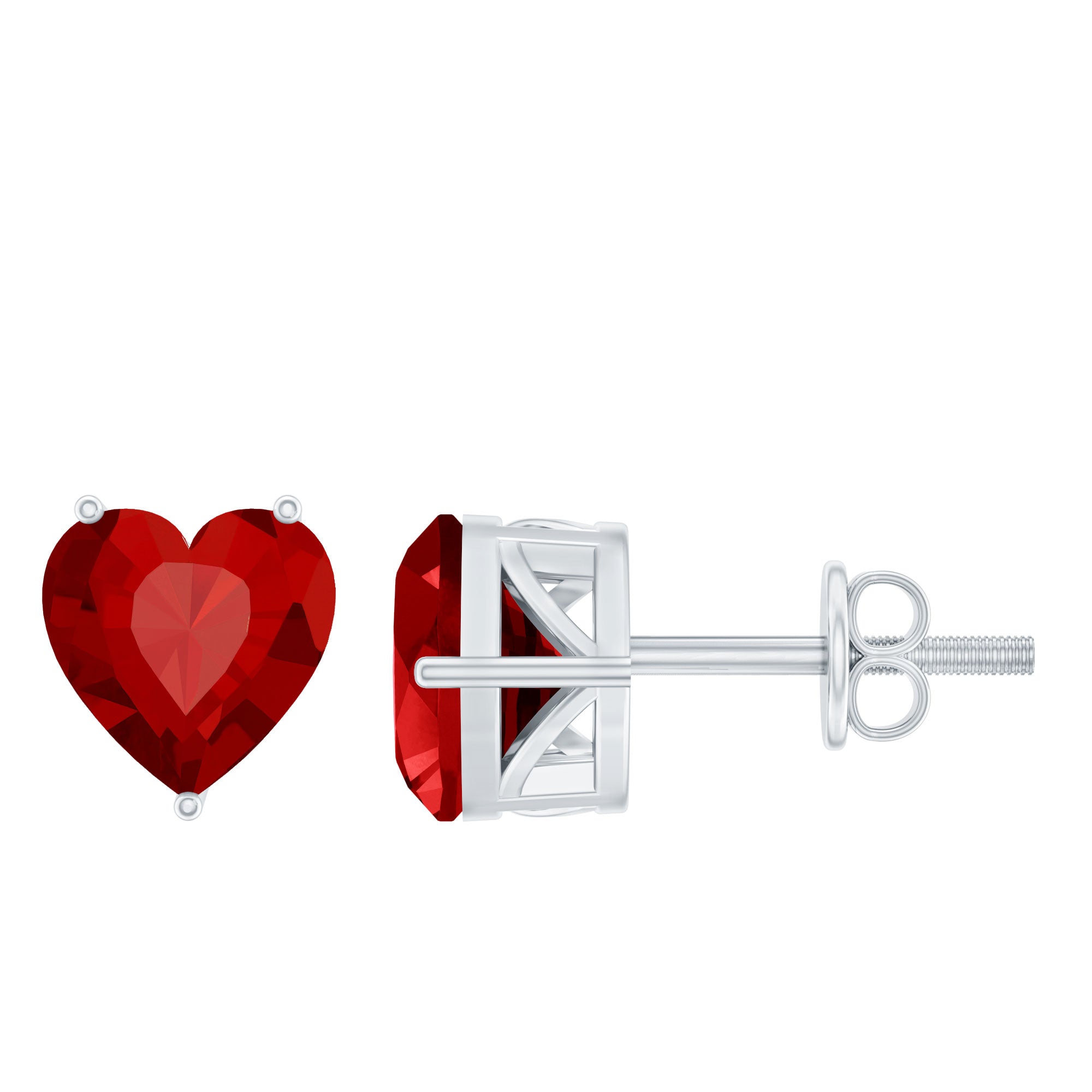 Silver Lab Grown Ruby Heart Stud Earrings with Screw Back
