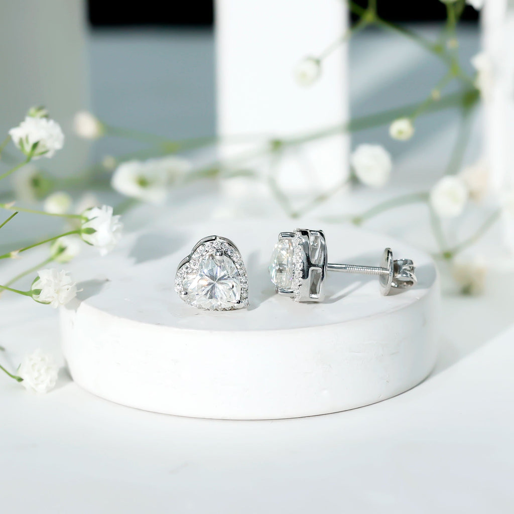 Certified 7 MM Heart Moissanite Halo Stud Earrings