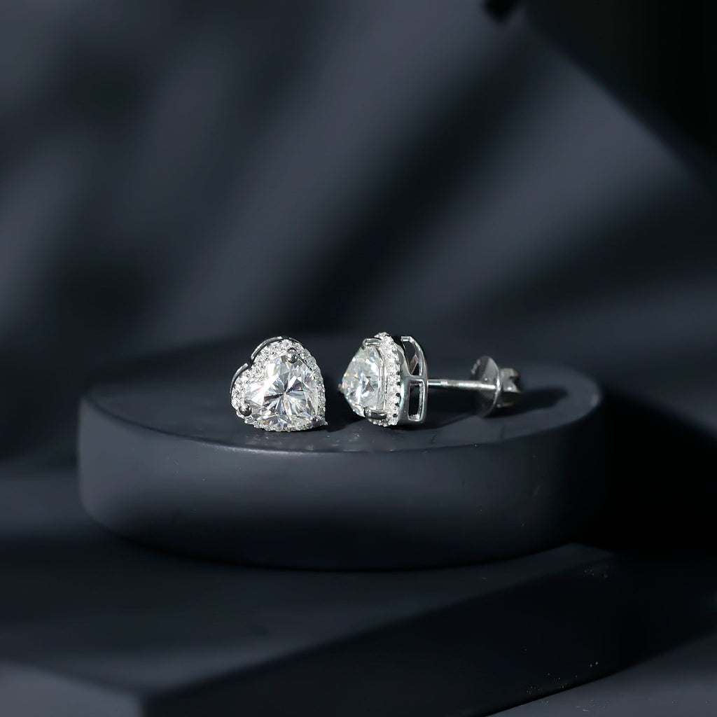 Certified 7 MM Heart Moissanite Halo Stud Earrings