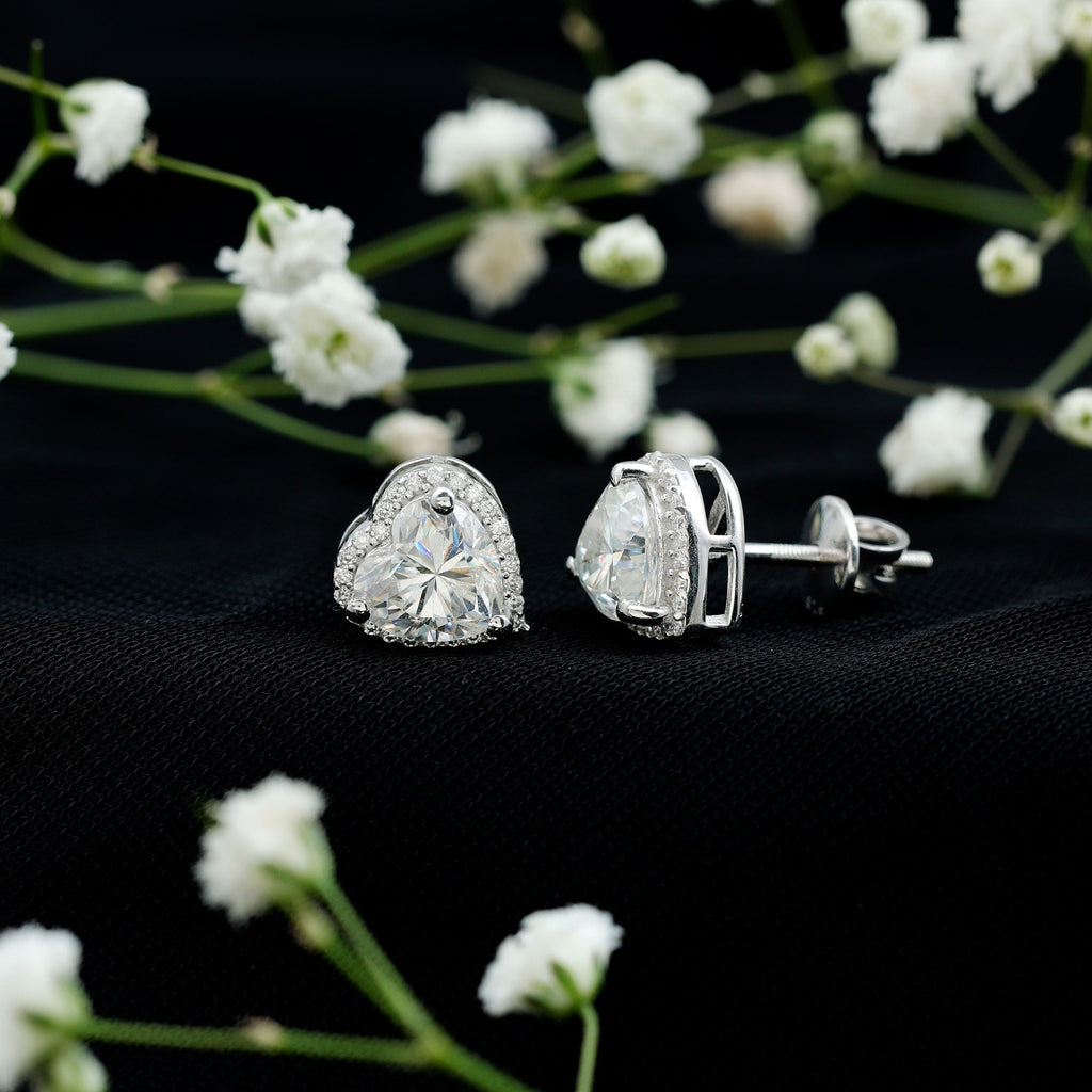 Certified 7 MM Heart Moissanite Halo Stud Earrings