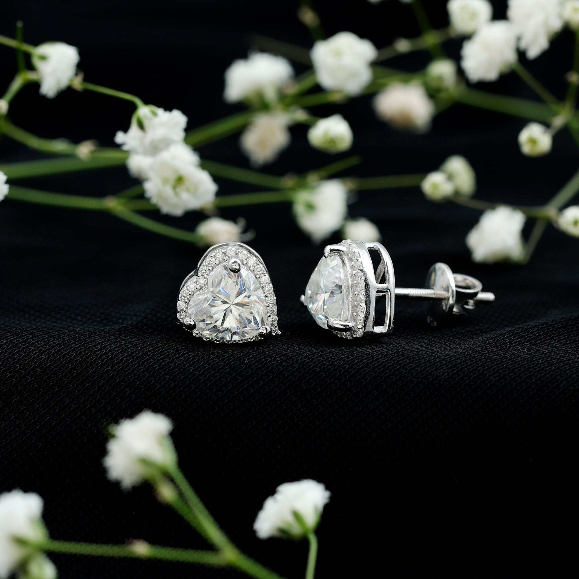 Certified 7 MM Heart Moissanite Halo Stud Earrings