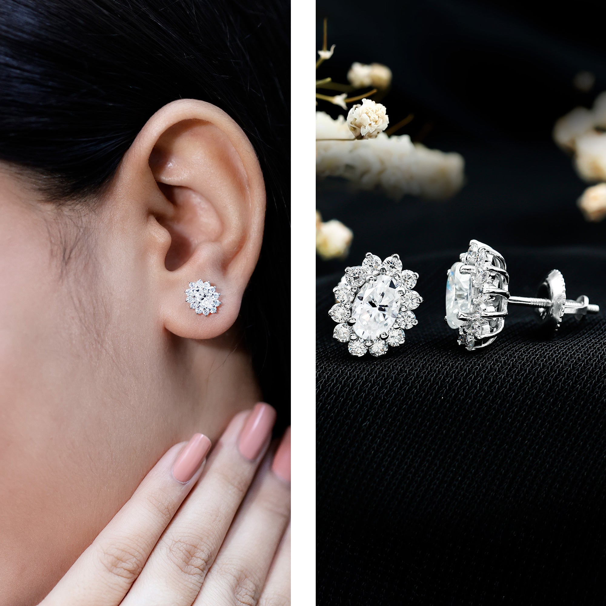 Certified 4X6 MM Oval Shaped Moissanite Halo Stud Earrings in Silver