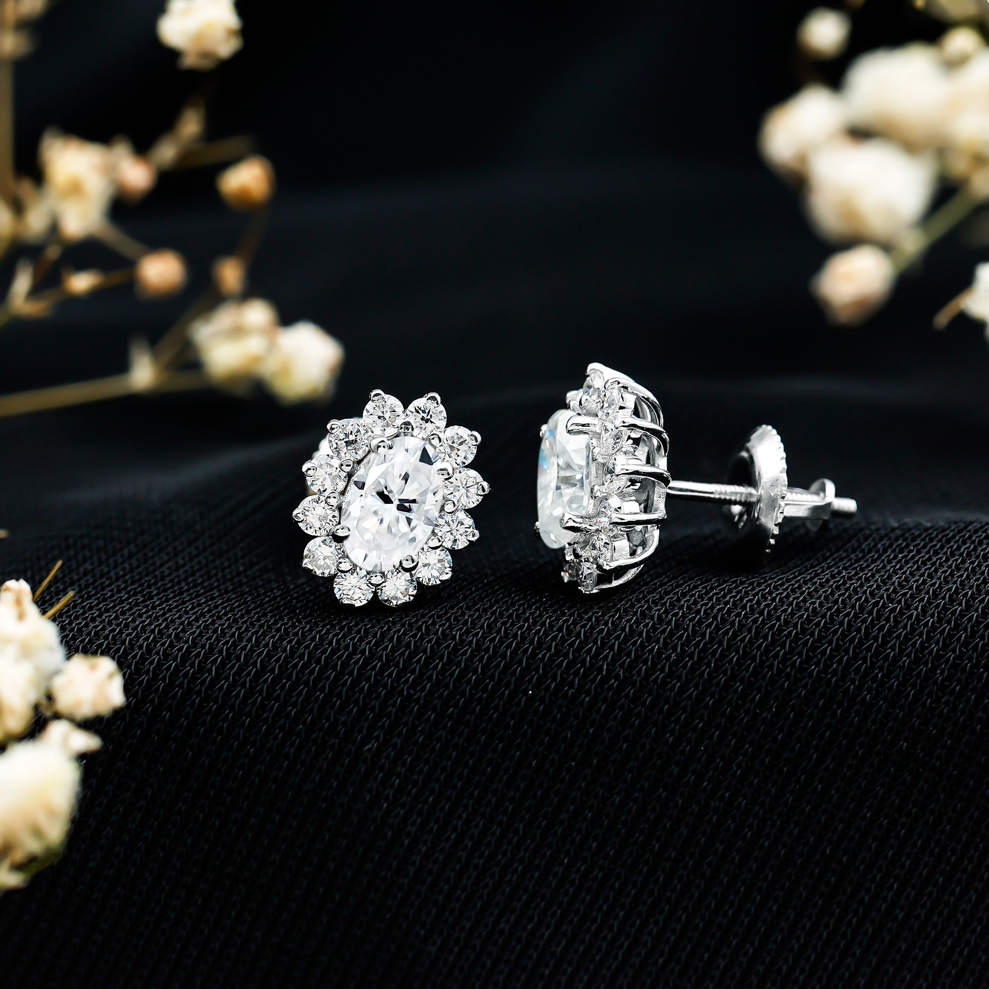 Certified 4X6 MM Oval Shaped Moissanite Halo Stud Earrings in Silver