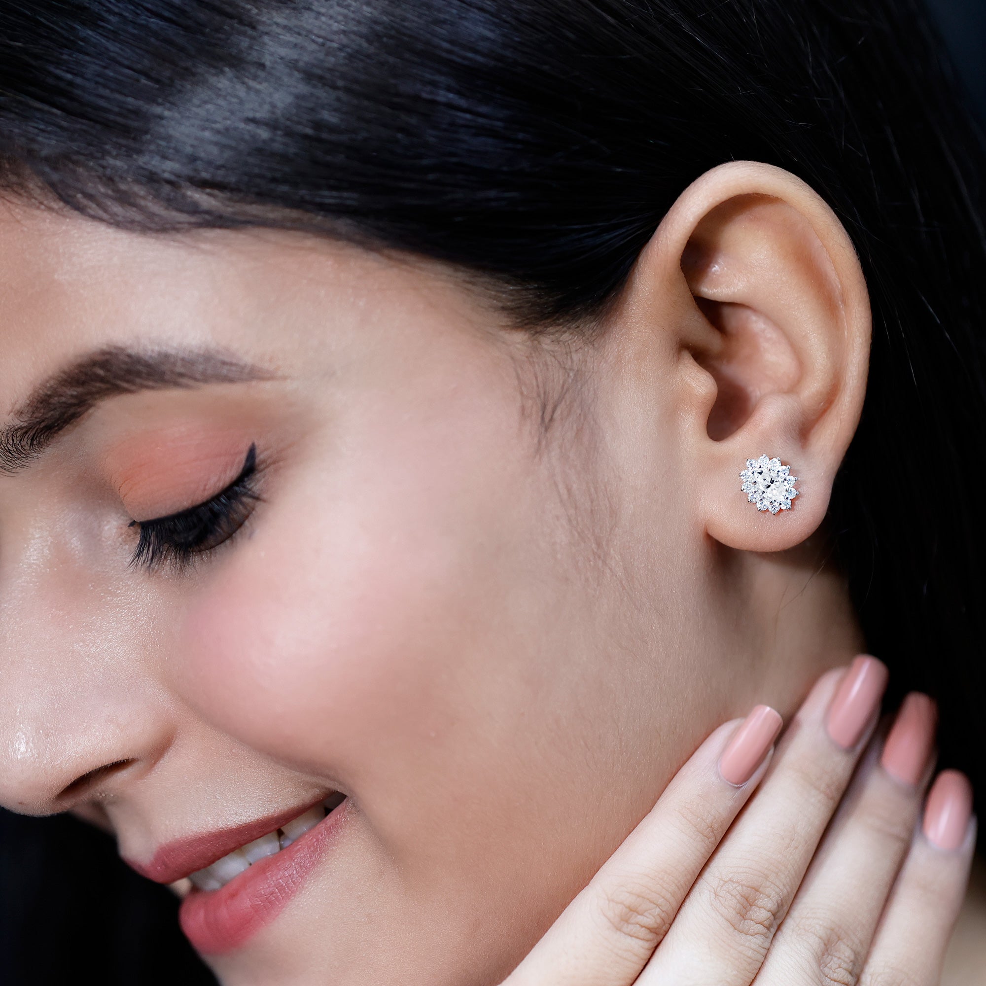 Certified 4X6 MM Oval Shaped Moissanite Halo Stud Earrings in Silver