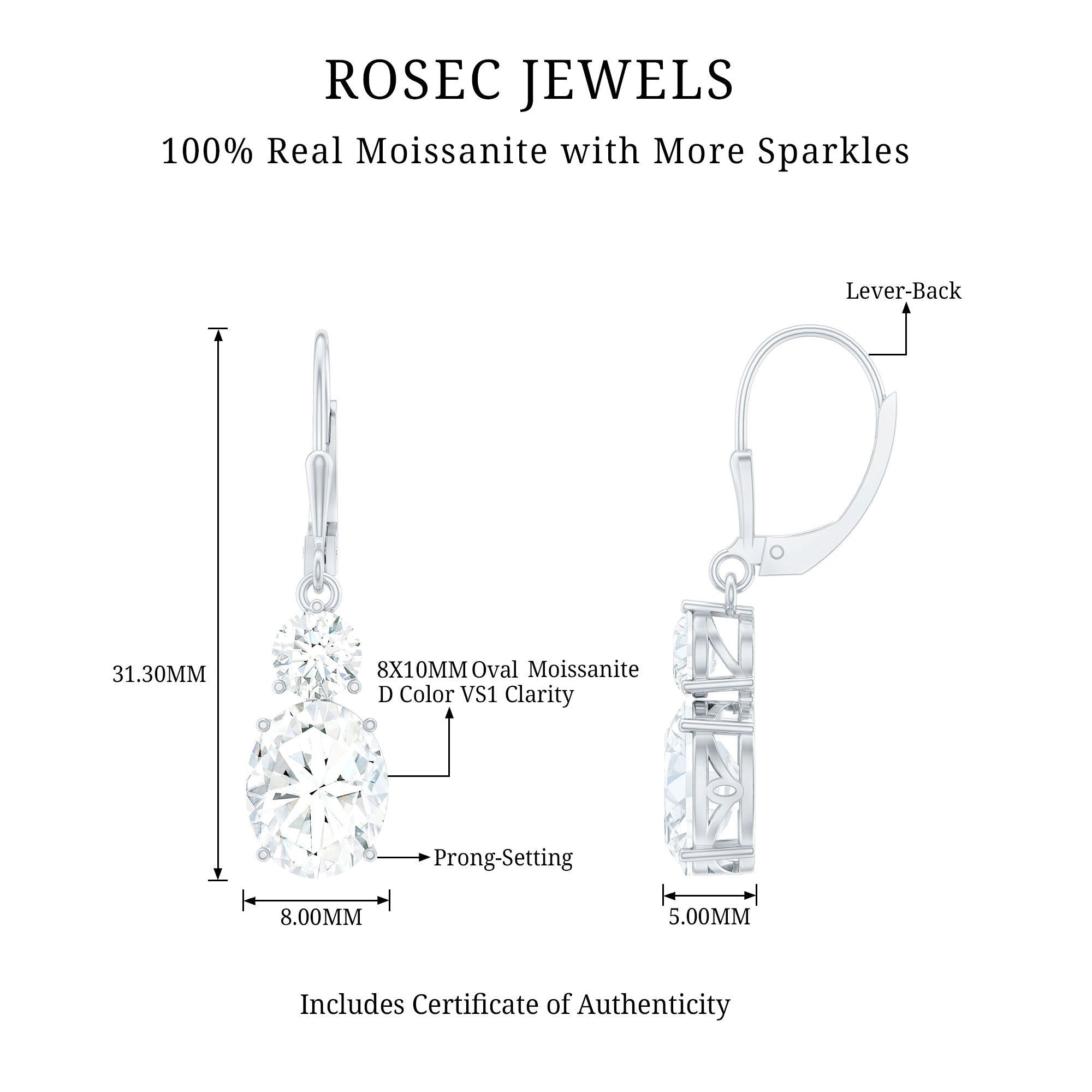 Certified Moissanite Hoop Drop Earrings in Silver