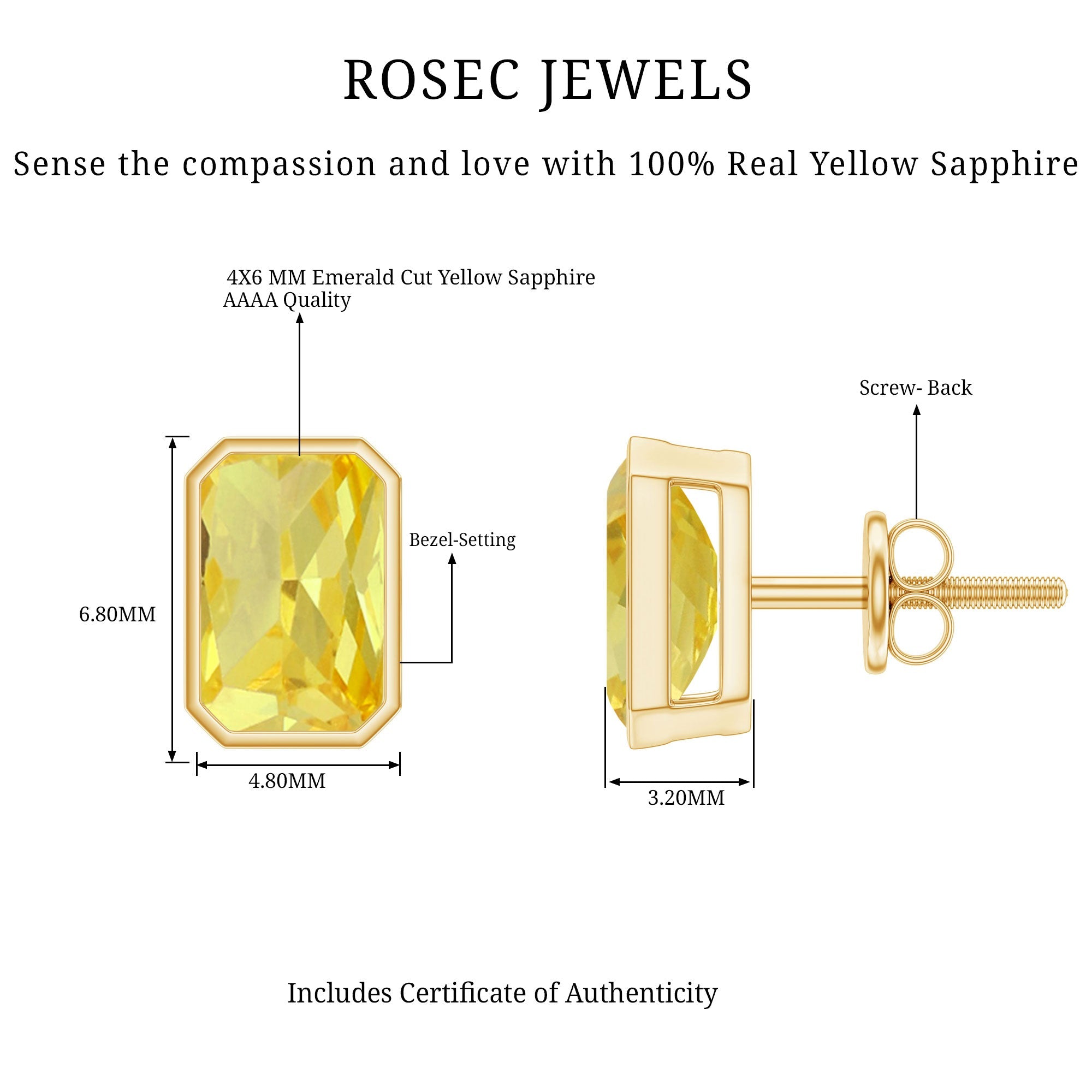 Bezel Set Lab Created Yellow Sapphire Emerald Cut Stud Earrings