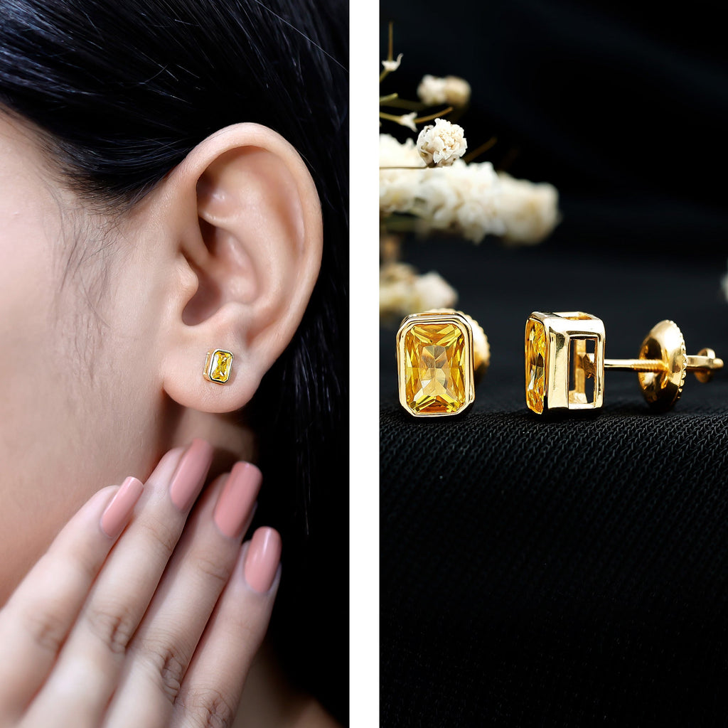 Bezel Set Lab Created Yellow Sapphire Emerald Cut Stud Earrings