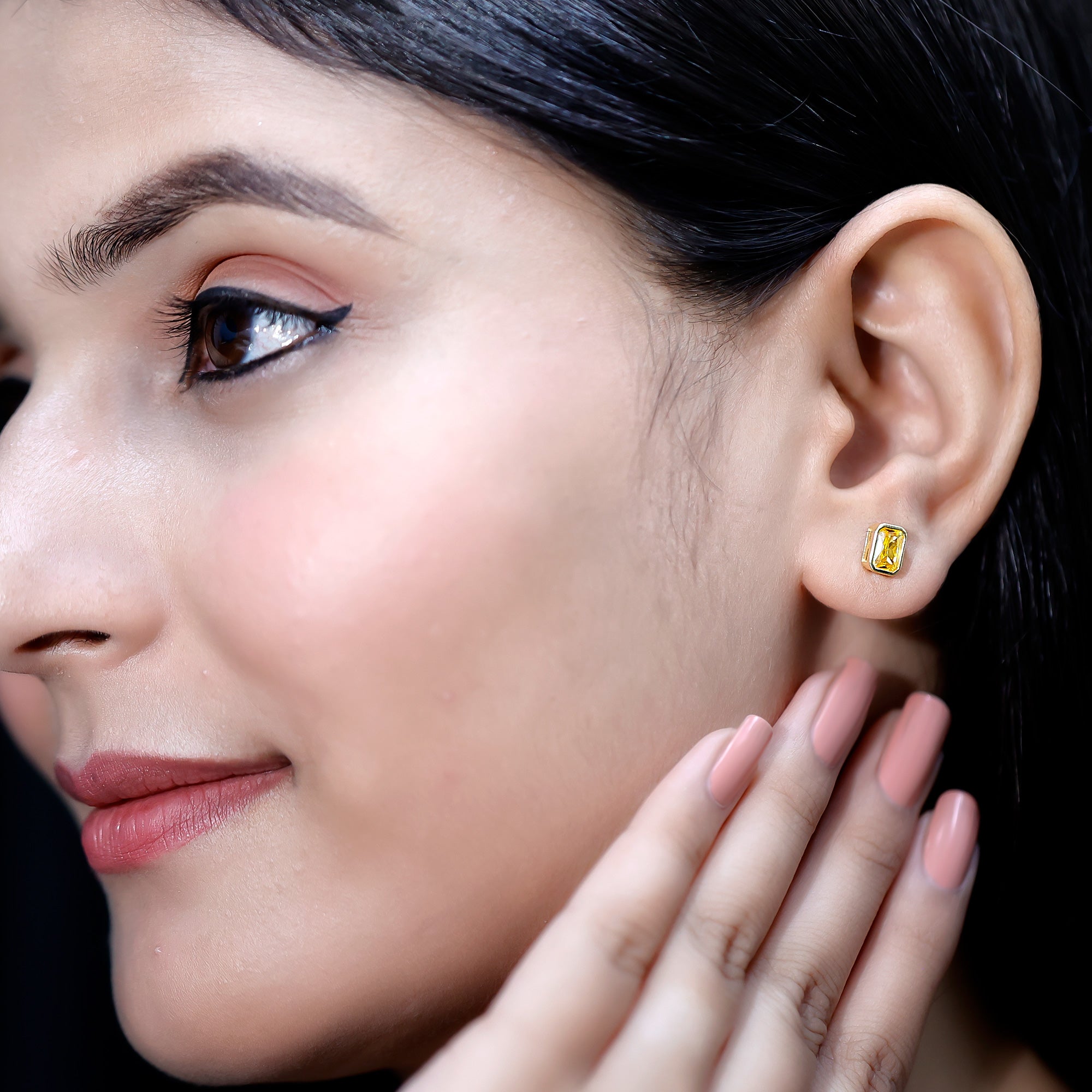 Bezel Set Lab Created Yellow Sapphire Emerald Cut Stud Earrings