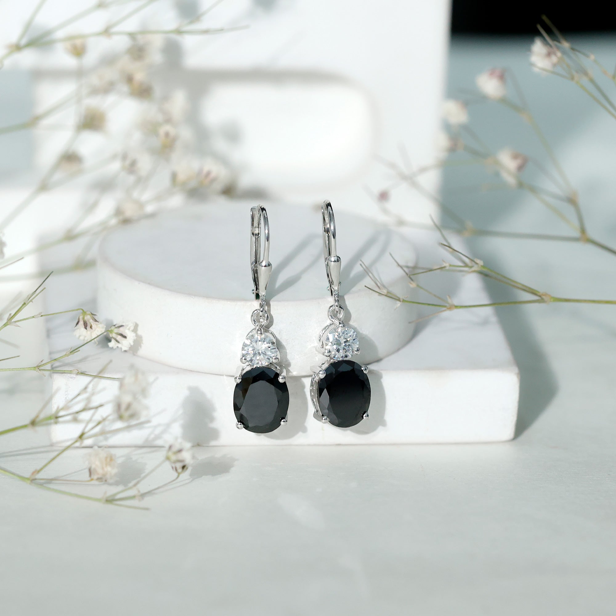 Lab Grown Black Diamond Drop Earrings in Silver