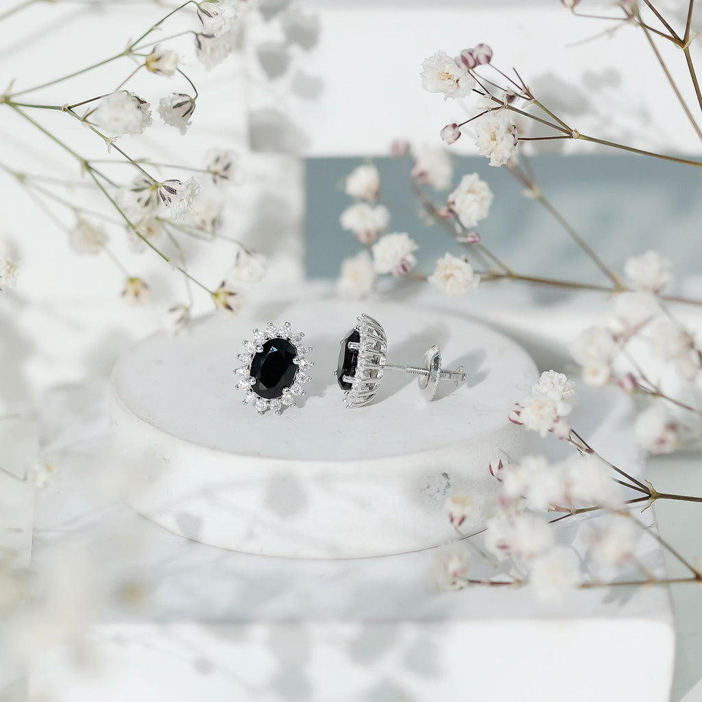 Lab Grown Black Diamond and Moissanite Stud Earrings With Screw Back