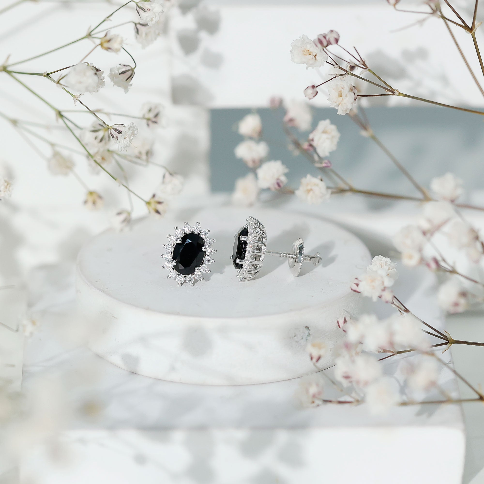 Lab Grown Black Diamond and Moissanite Stud Earrings With Screw Back