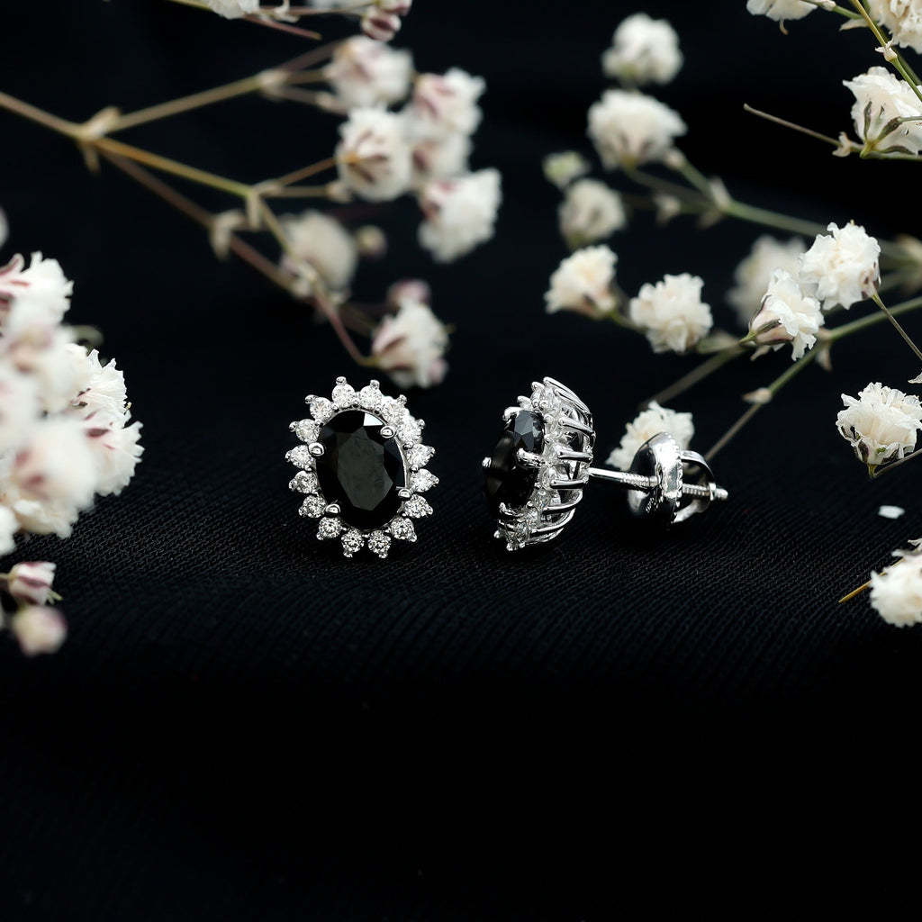Lab Grown Black Diamond and Moissanite Stud Earrings With Screw Back