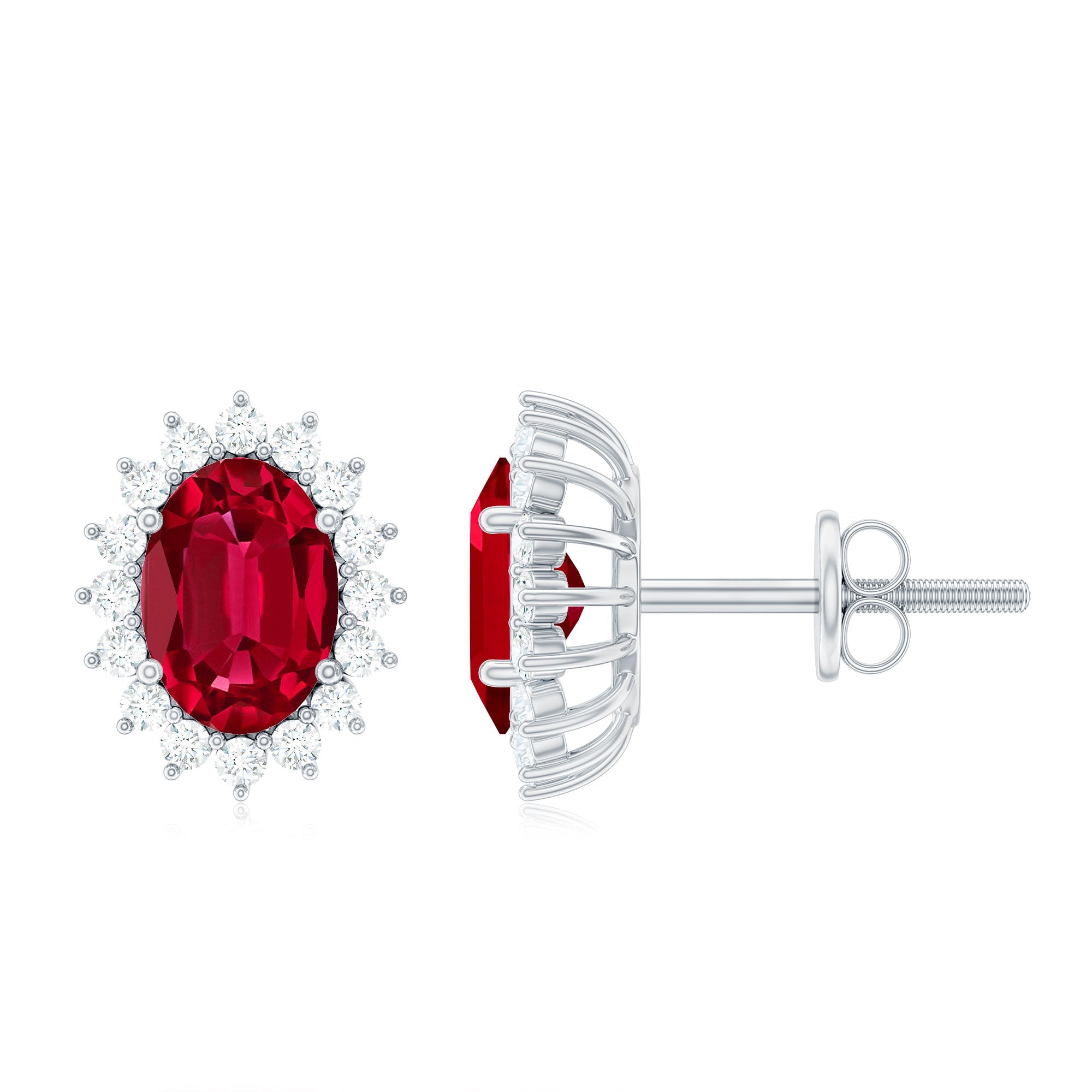 Oval Cut 5X7 MM Lab Grown Ruby Stud Earrings with Moissanite Halo