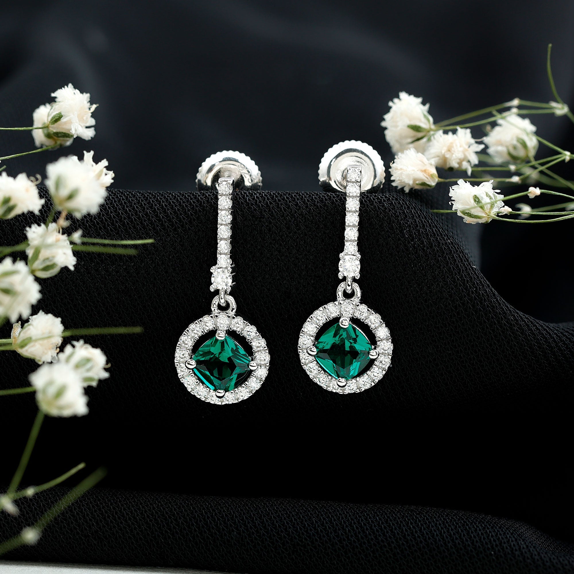 Lab Created 6 MM Emerald Moissanite Drop Dangle Earrings in Silver