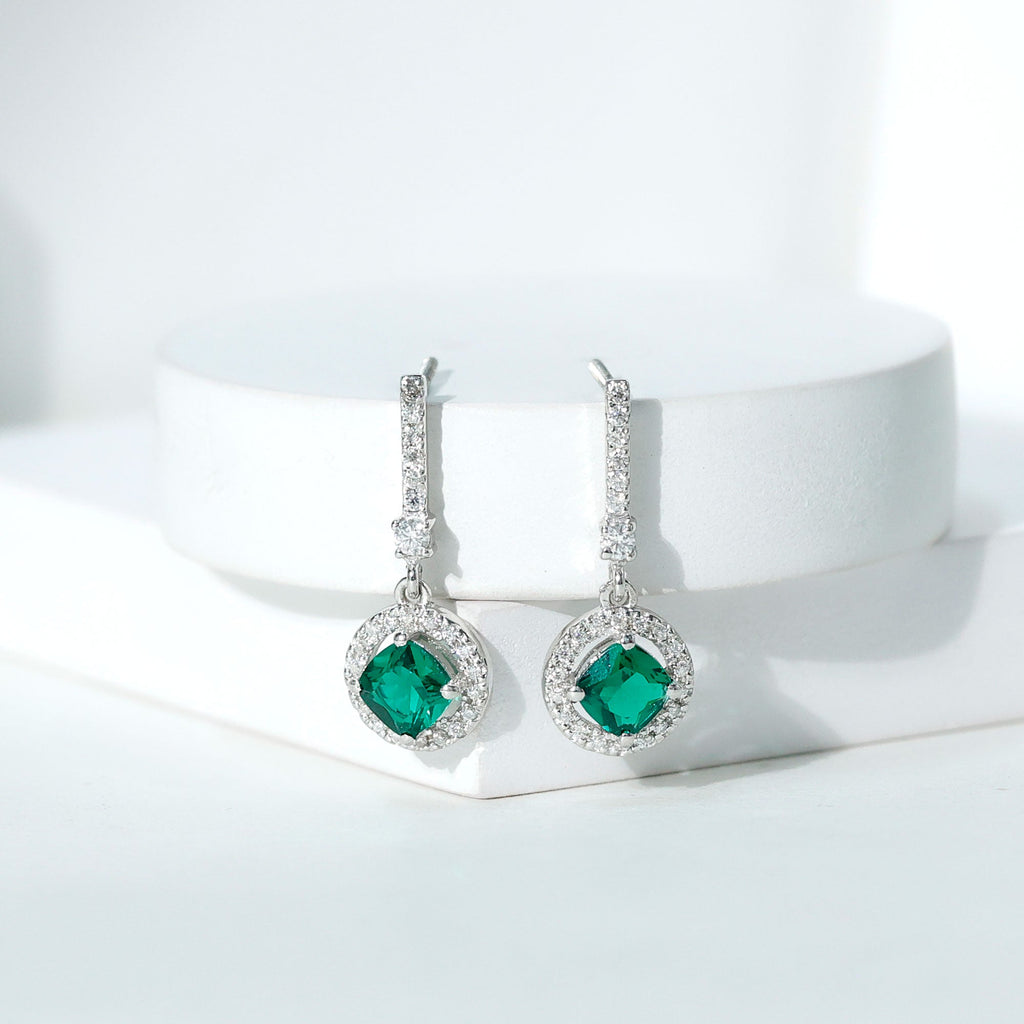 Lab Created 6 MM Emerald Moissanite Drop Dangle Earrings in Silver
