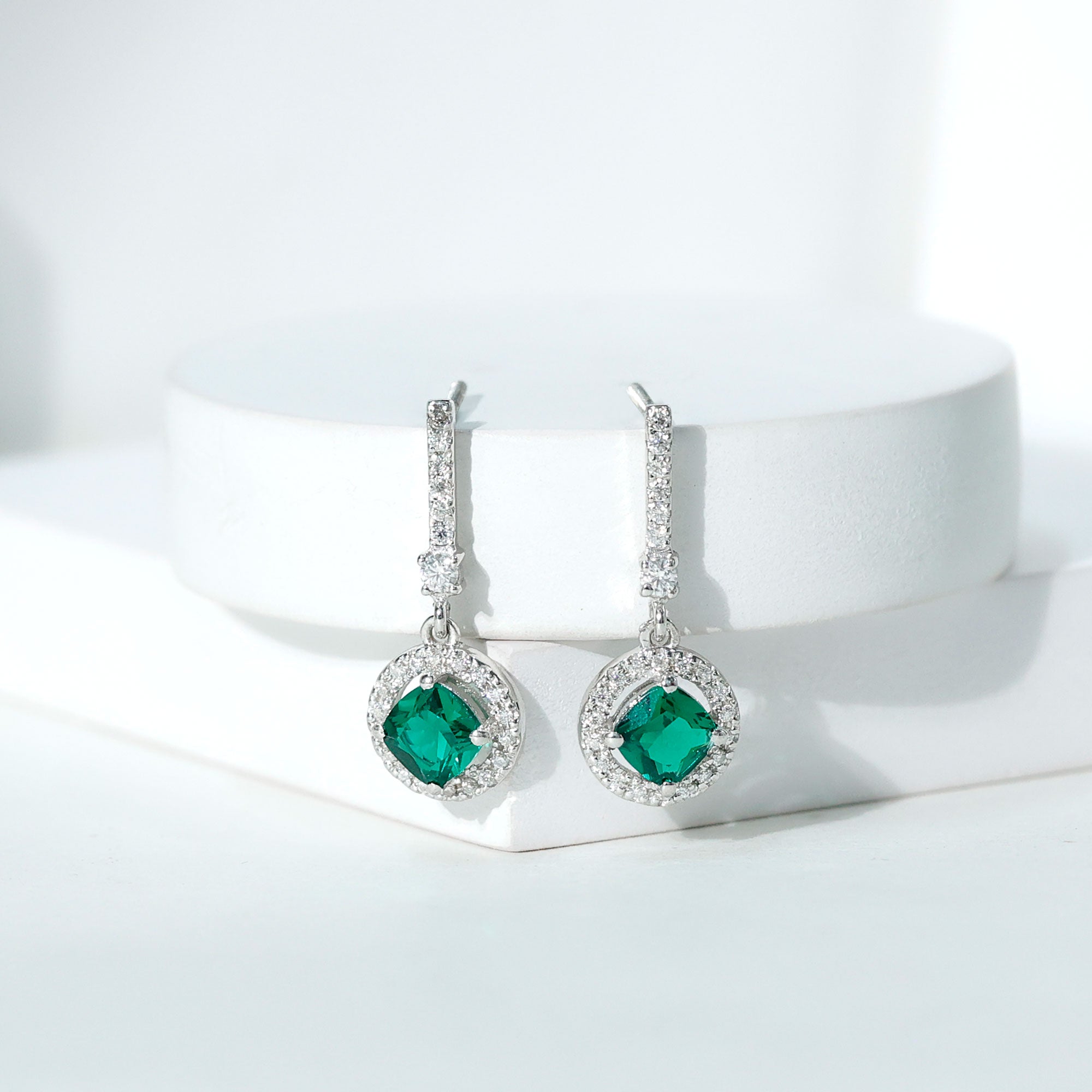 Lab Created 6 MM Emerald Moissanite Drop Dangle Earrings in Silver