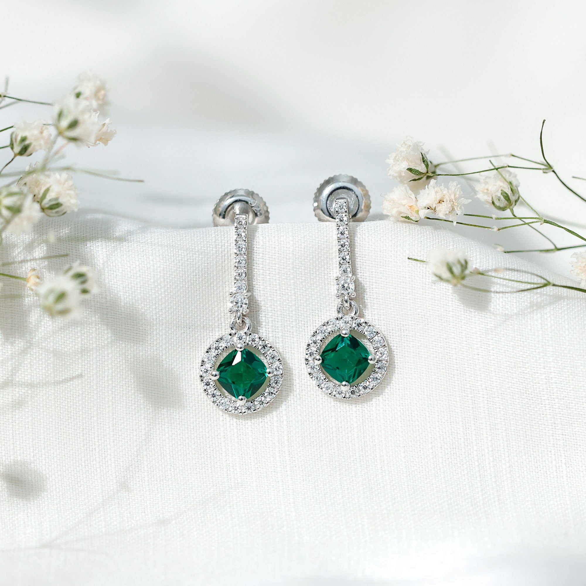 Lab Created 6 MM Emerald Moissanite Drop Dangle Earrings in Silver
