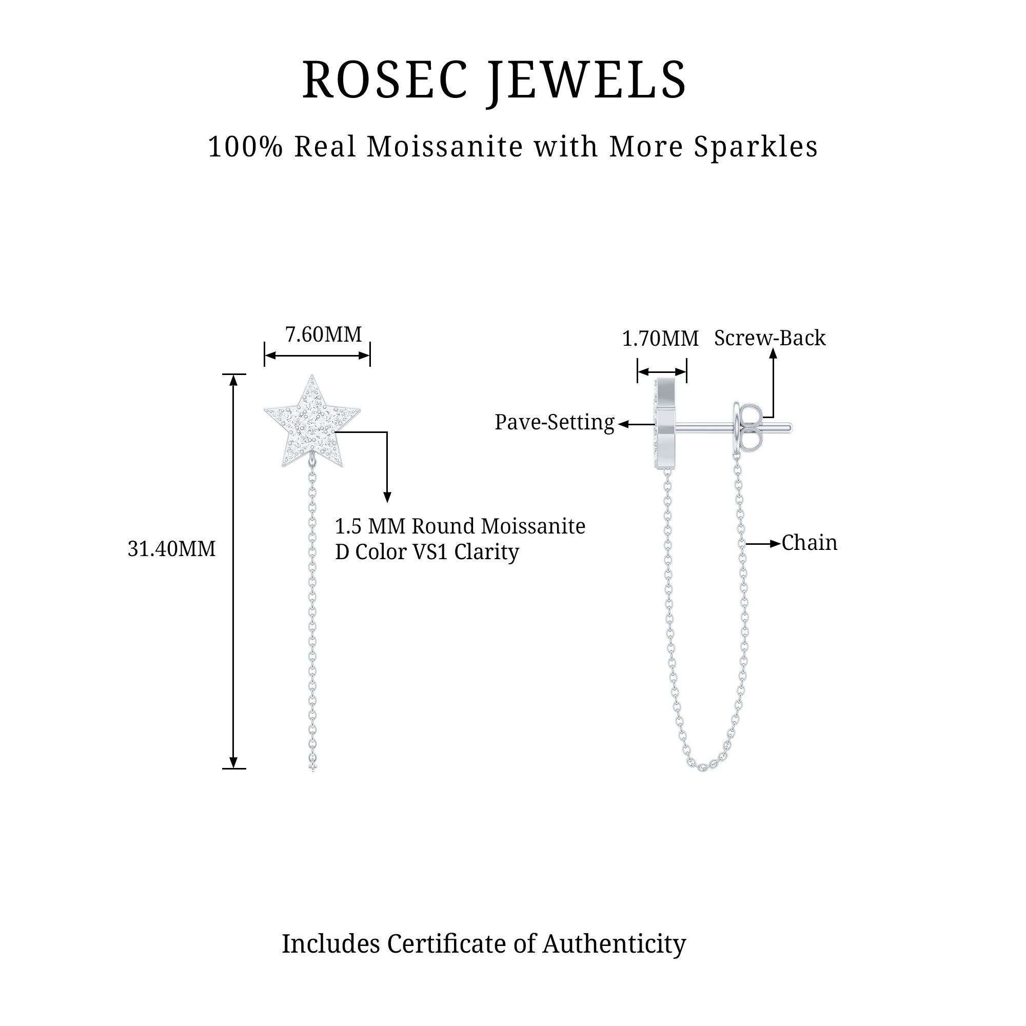 Certified Moissanite Star Chain Earrings with Screw Backs