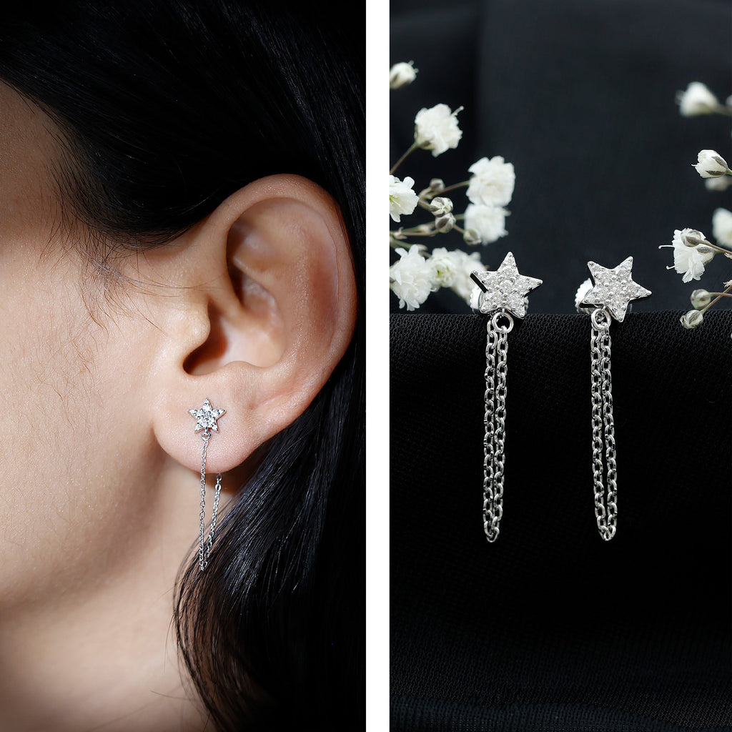 Certified Moissanite Star Chain Earrings with Screw Backs