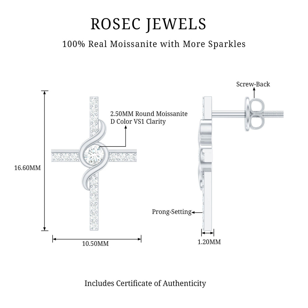 Certified Moissanite Cross Stud Earrings with Screw on Backs