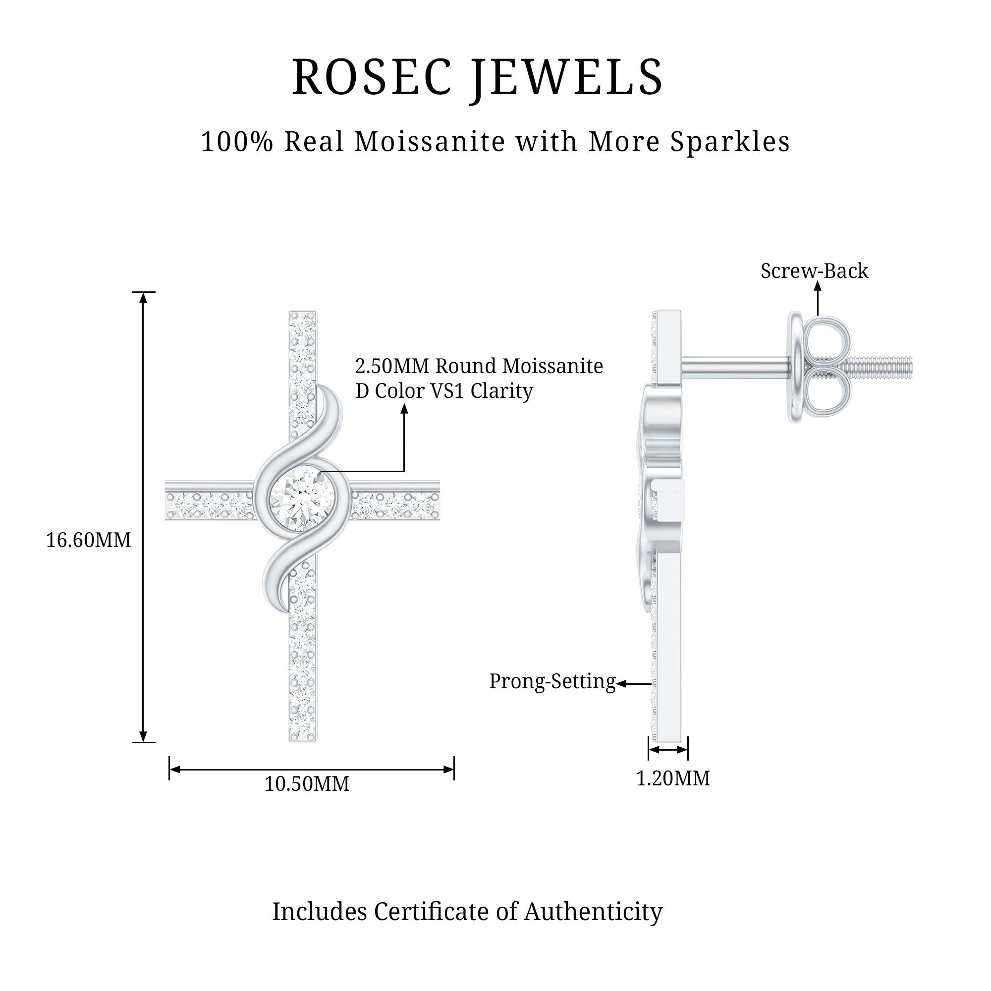 Certified Moissanite Cross Stud Earrings with Screw on Backs