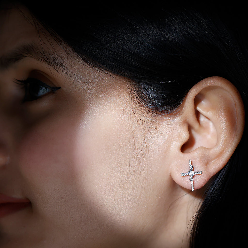 Certified Moissanite Cross Stud Earrings with Screw on Backs