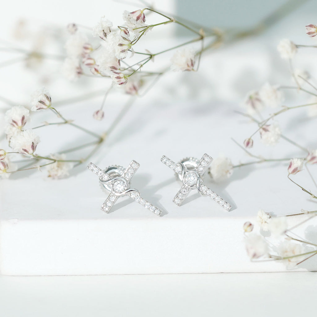 Certified Moissanite Cross Stud Earrings with Screw on Backs