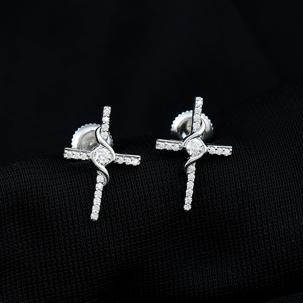 Certified Moissanite Cross Stud Earrings with Screw on Backs