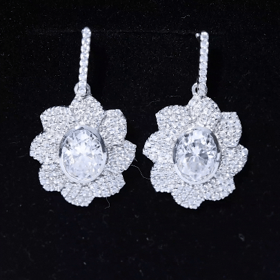 Bezel Set 6X8 MM Oval Moissanite Flower Drop Earrings