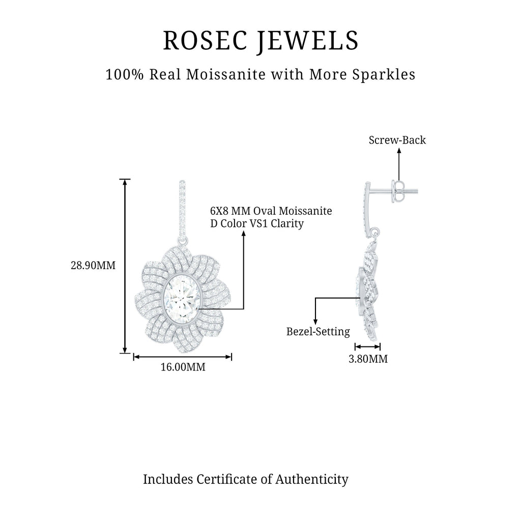 Bezel Set 6X8 MM Oval Moissanite Flower Drop Earrings
