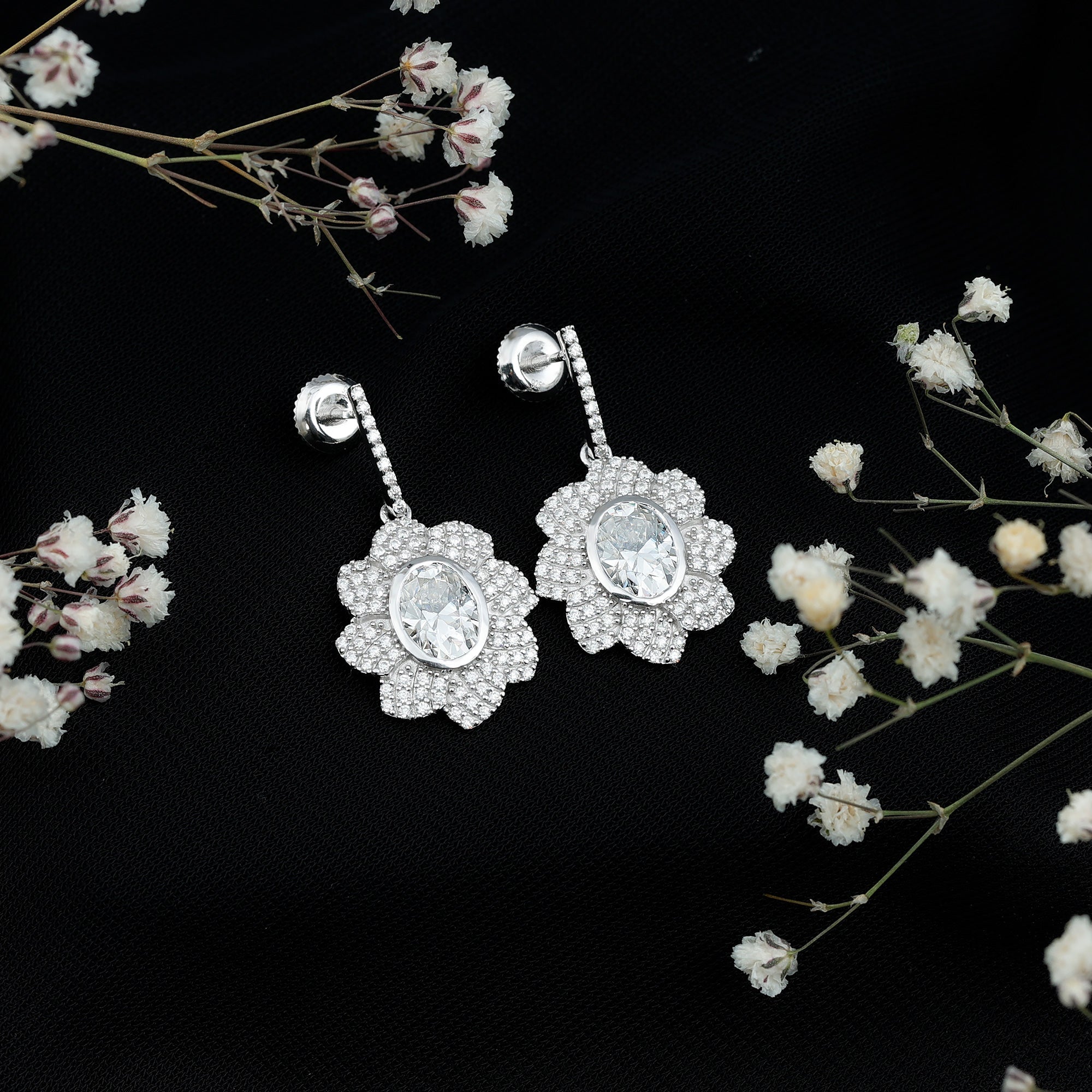 Bezel Set 6X8 MM Oval Moissanite Flower Drop Earrings