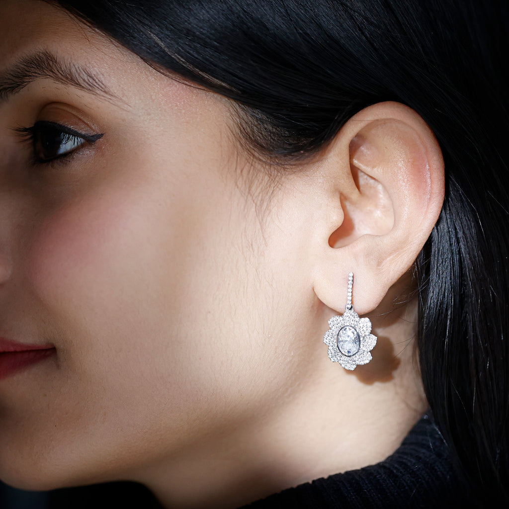 Bezel Set 6X8 MM Oval Moissanite Flower Drop Earrings