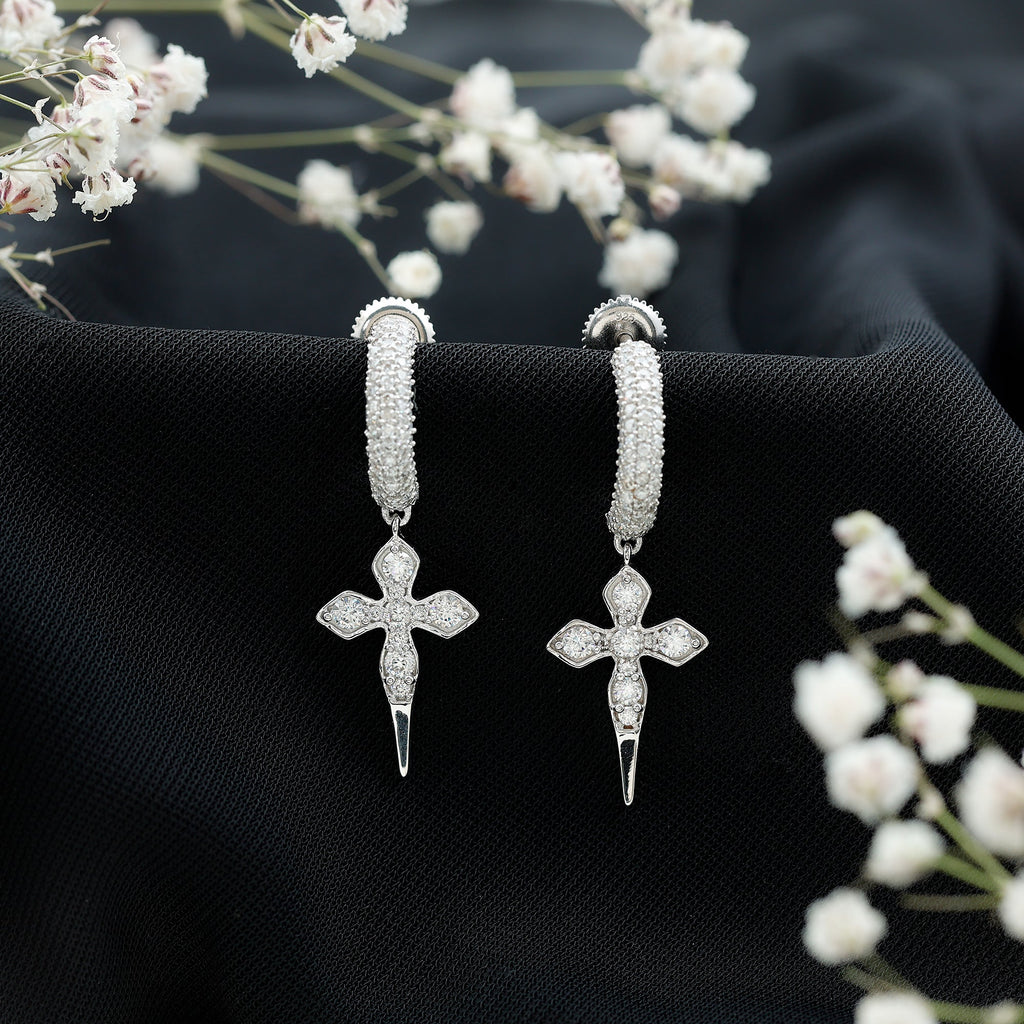 Vintage Inspired Moissanite Cross Dangle Earrings