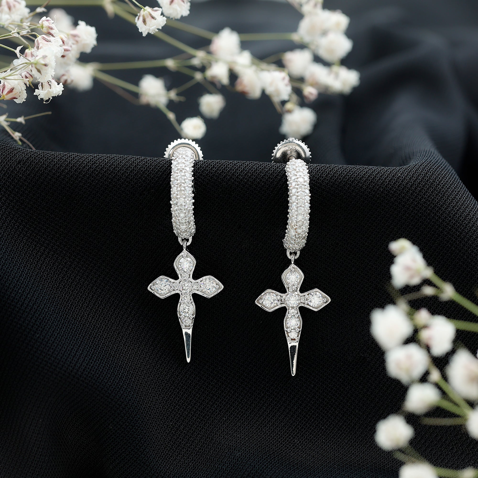 Vintage Inspired Moissanite Cross Dangle Earrings