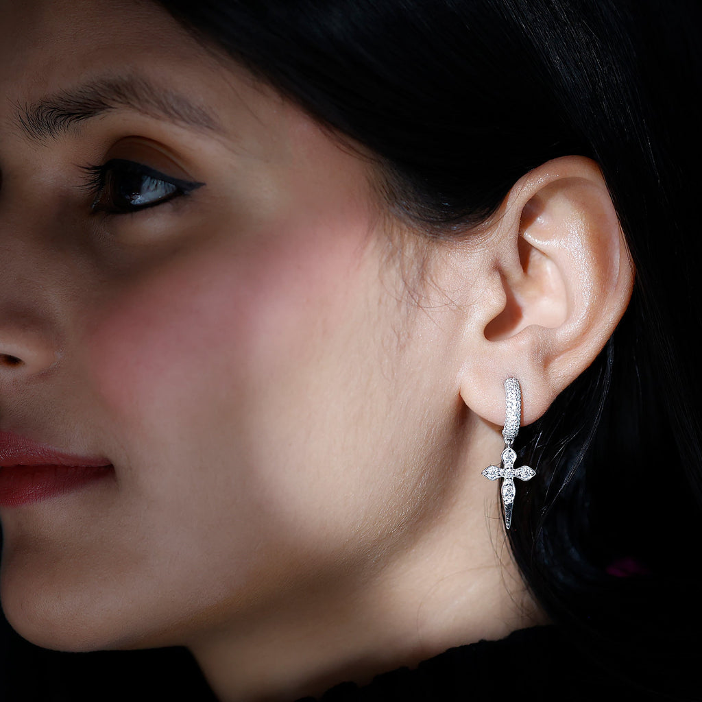 Vintage Inspired Moissanite Cross Dangle Earrings