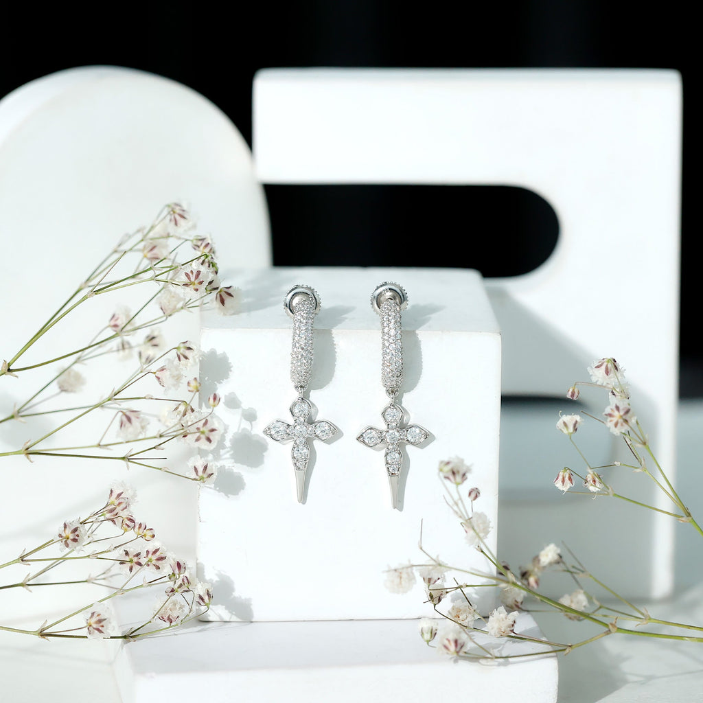 Vintage Inspired Moissanite Cross Dangle Earrings