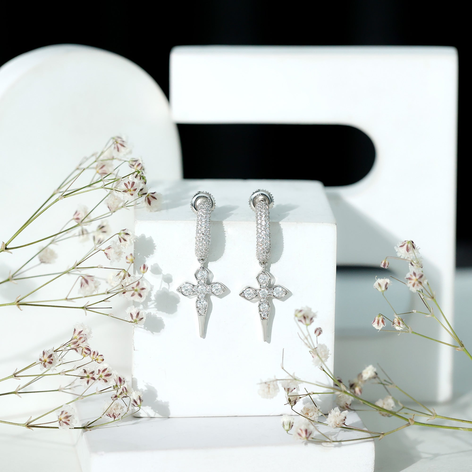 Vintage Inspired Moissanite Cross Dangle Earrings