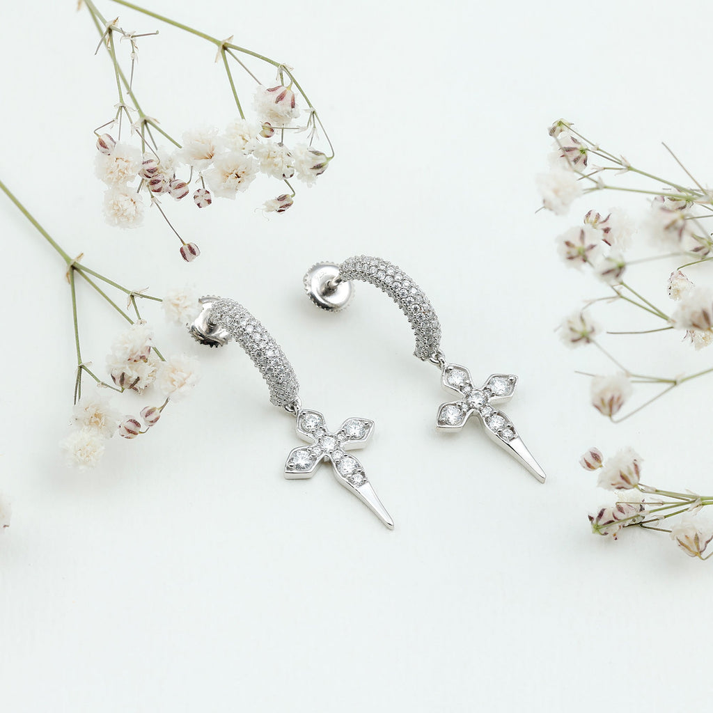 Vintage Inspired Moissanite Cross Dangle Earrings