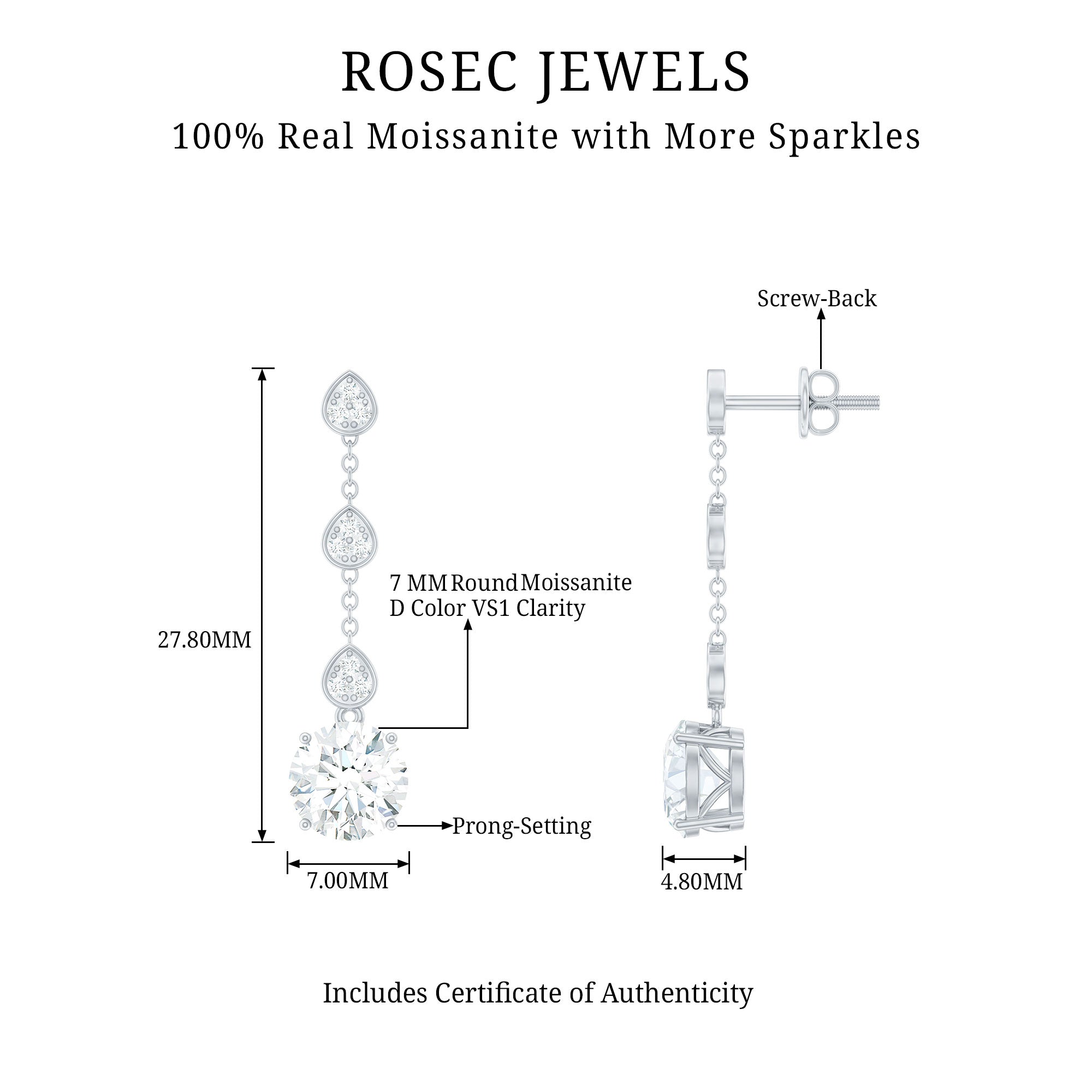 Certified Moissanite Dangling Earrings in Silver