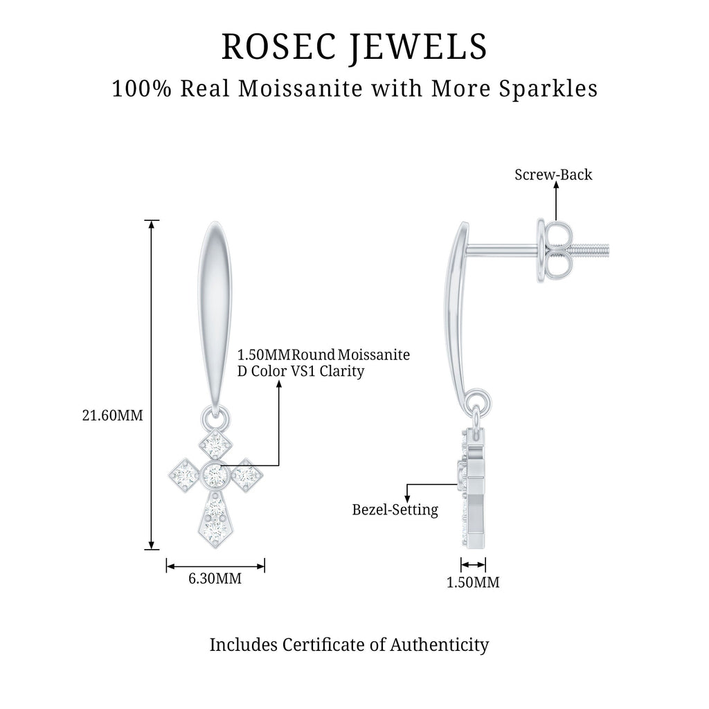 Minimalist Moissanite Cross Drop Earrings in 14K Gold Plated Silver