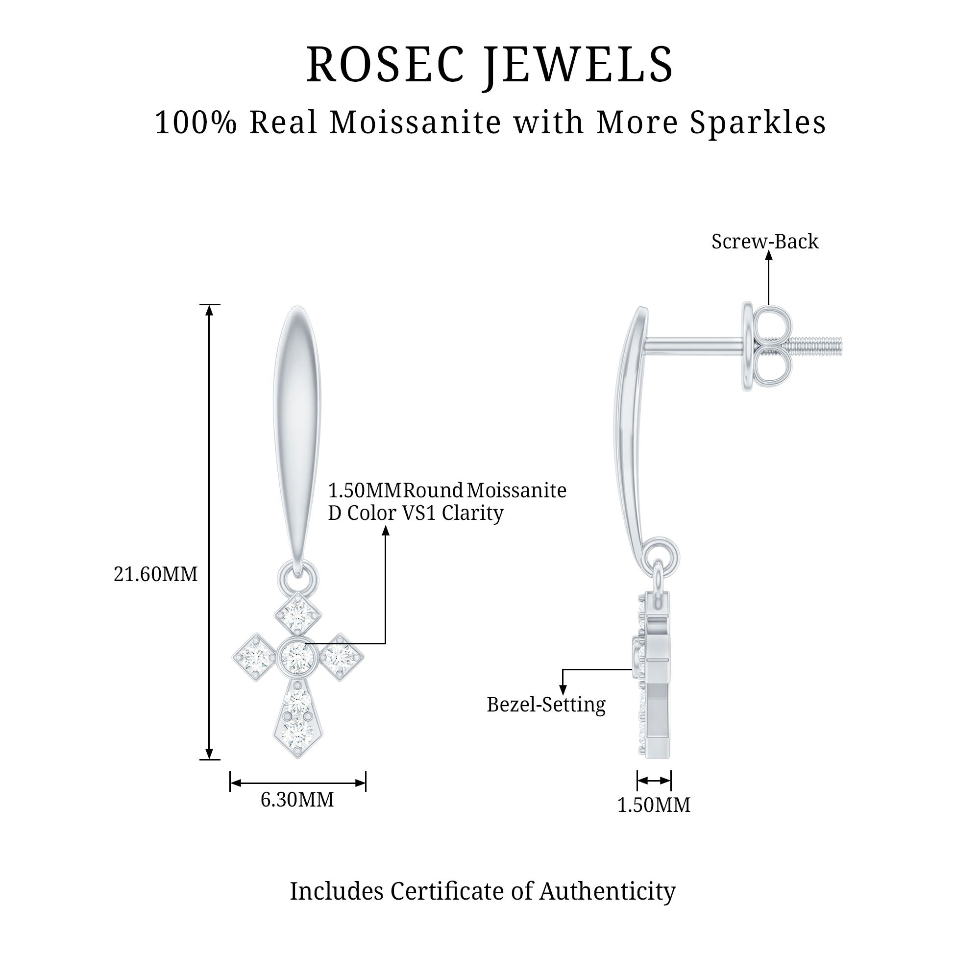 Minimalist Moissanite Cross Drop Earrings in 14K Gold Plated Silver