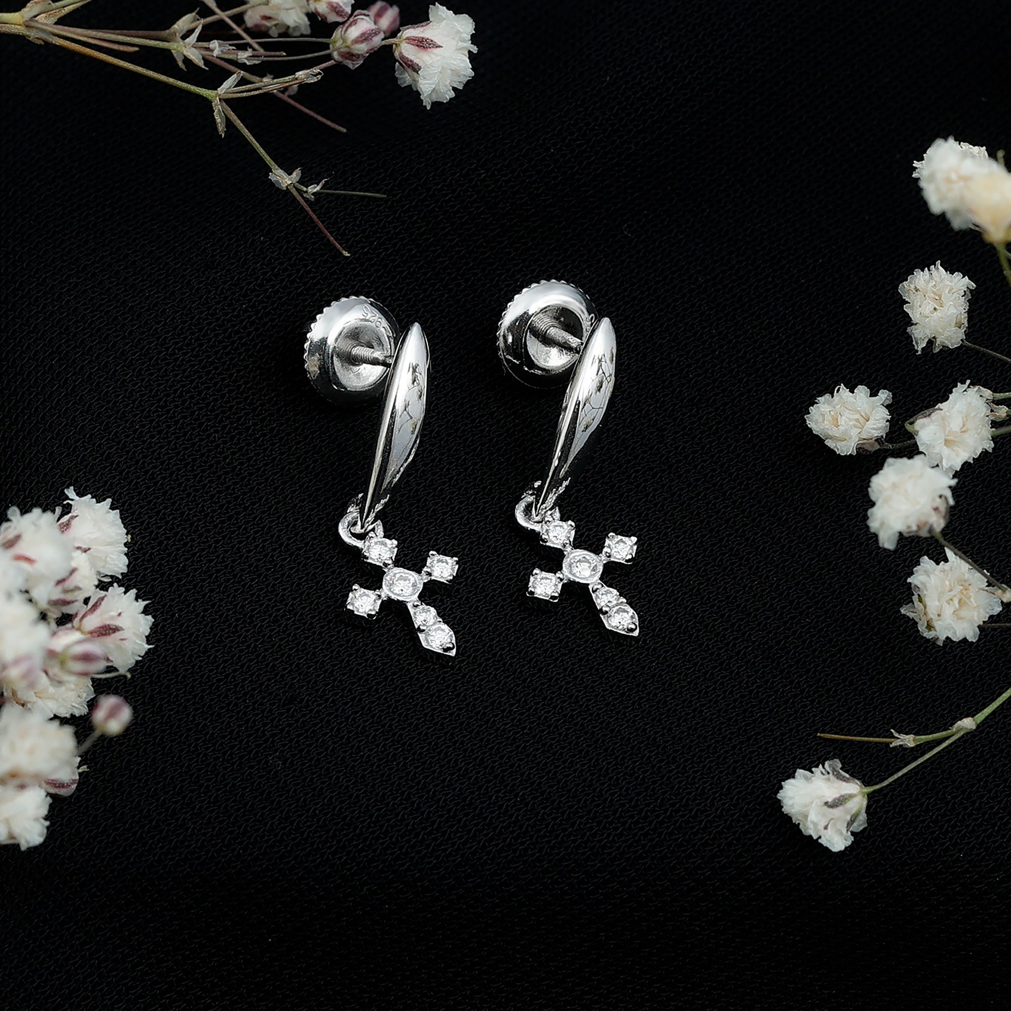 Minimalist Moissanite Cross Drop Earrings in 14K Gold Plated Silver