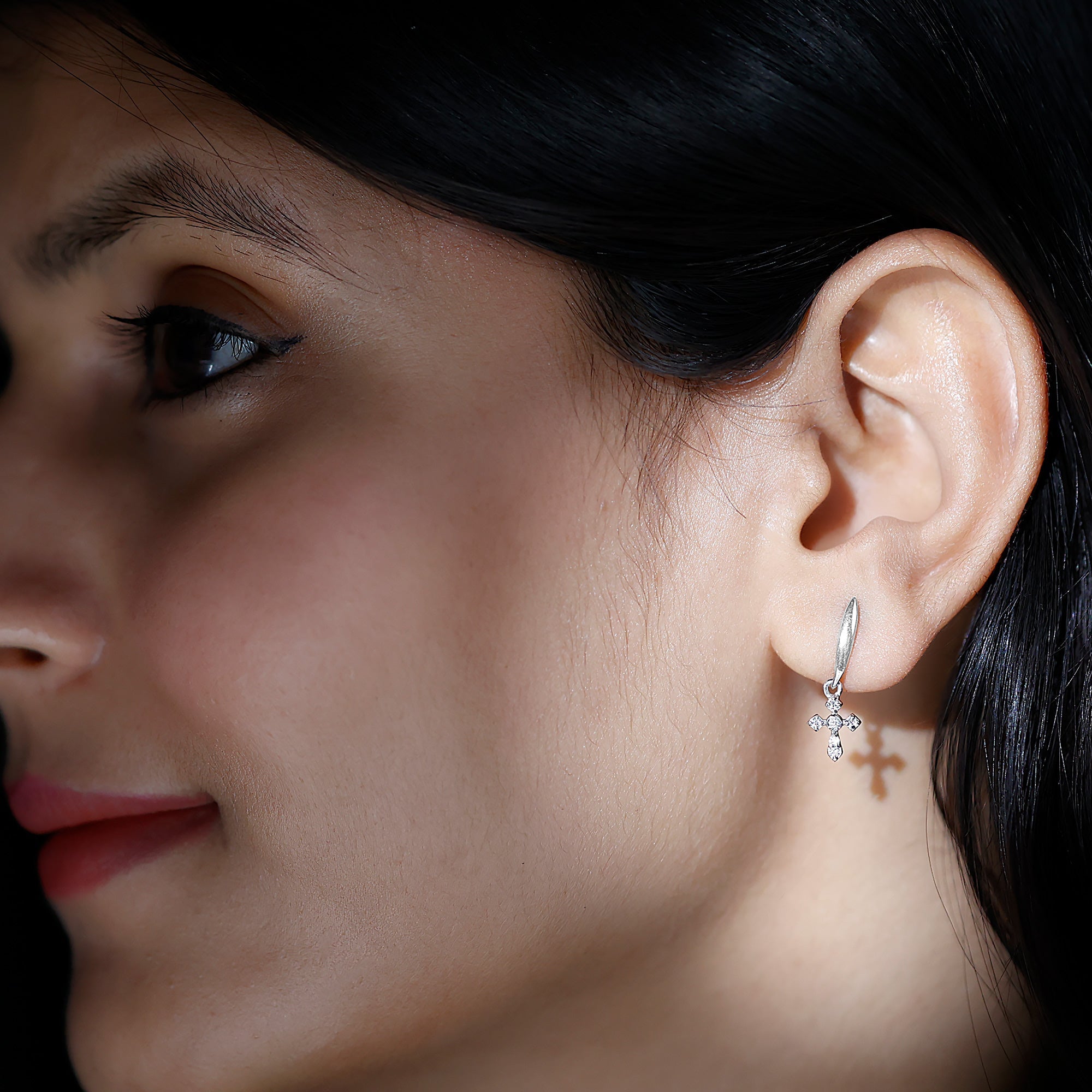 Minimalist Moissanite Cross Drop Earrings in 14K Gold Plated Silver