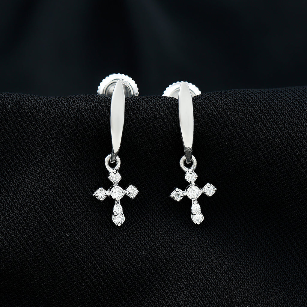 Minimalist Moissanite Cross Drop Earrings in 14K Gold Plated Silver