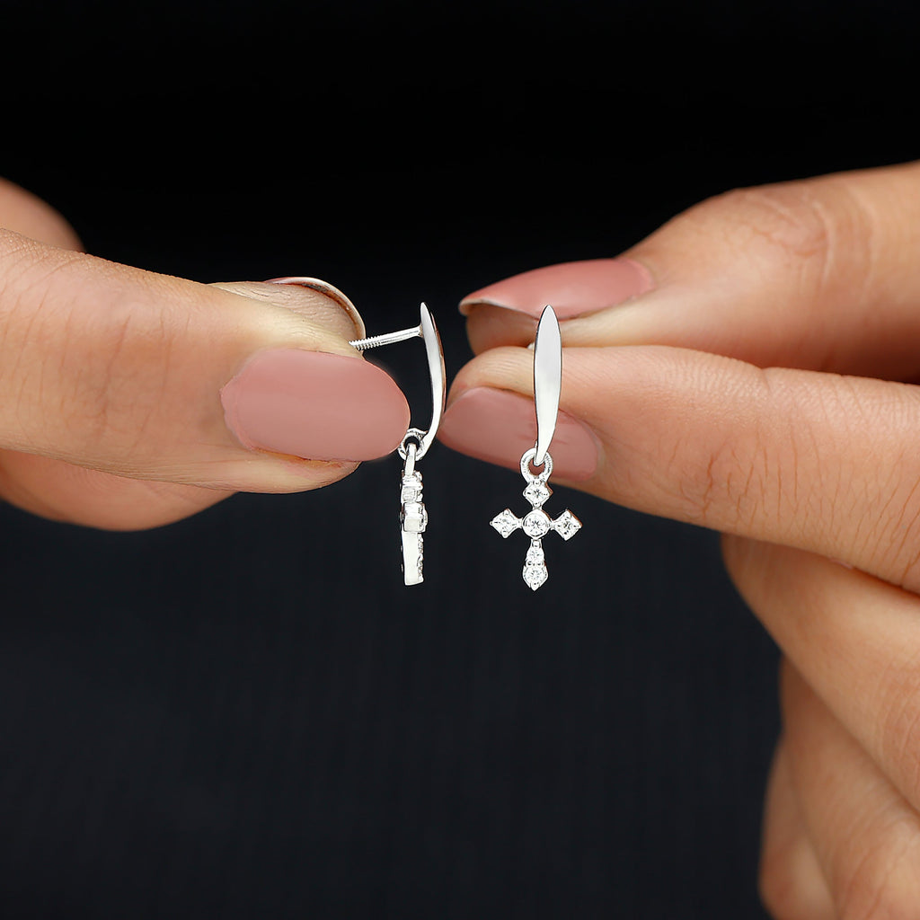 Minimalist Moissanite Cross Drop Earrings in 14K Gold Plated Silver