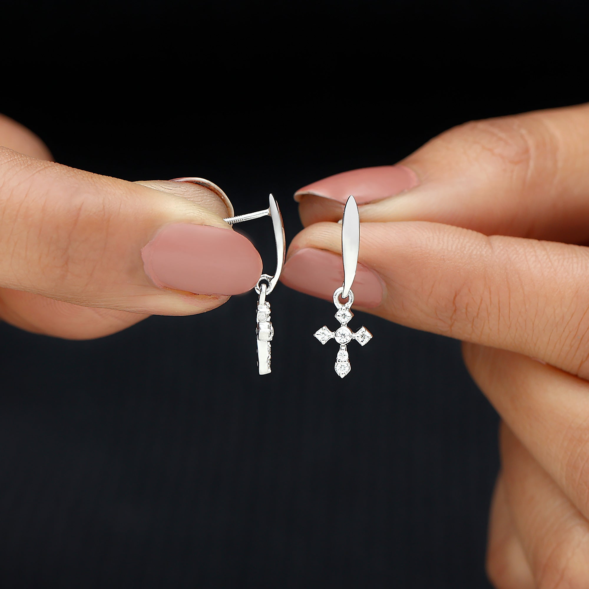 Minimalist Moissanite Cross Drop Earrings in 14K Gold Plated Silver