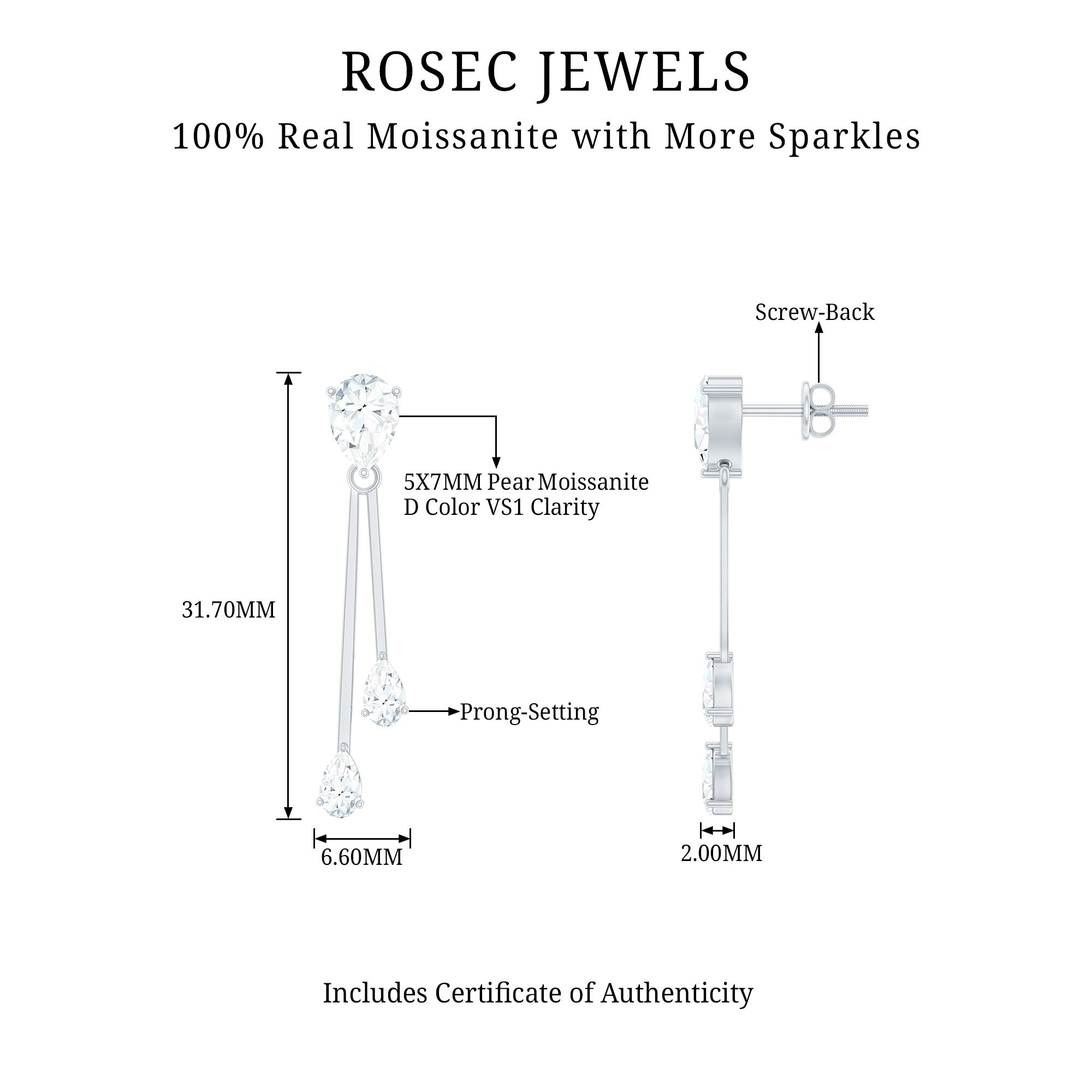 Certified Moissanite Bar Dangle Earrings With Screw on Back