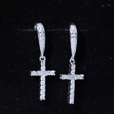 Certified Moissanite Cross Drop Earrings in Gold Plated Silver