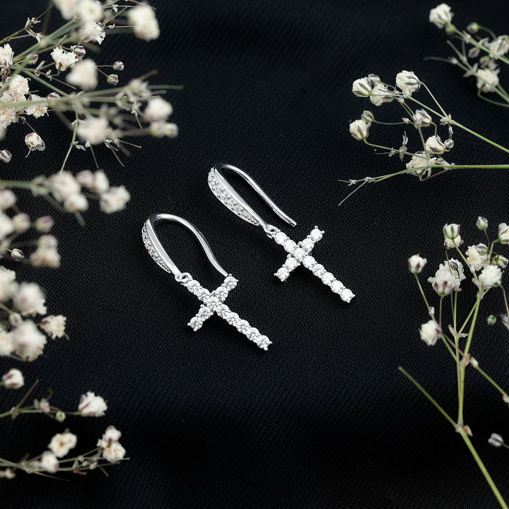 Certified Moissanite Cross Drop Earrings in Gold Plated Silver