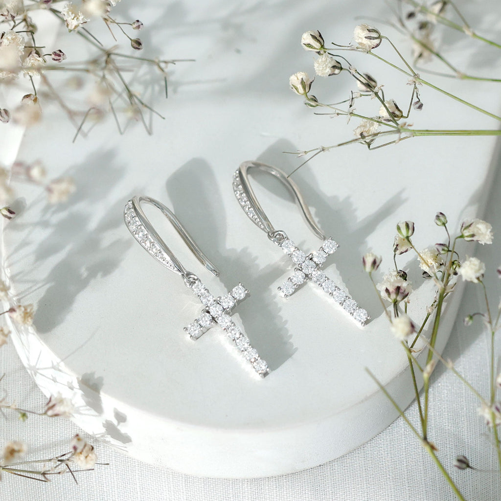 Certified Moissanite Cross Drop Earrings in Gold Plated Silver